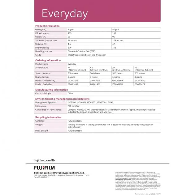 Fujifilm A4 80gsm White Multipurpose Paper - 500 Sheets, White (AONE-A4PAPER-PACK)